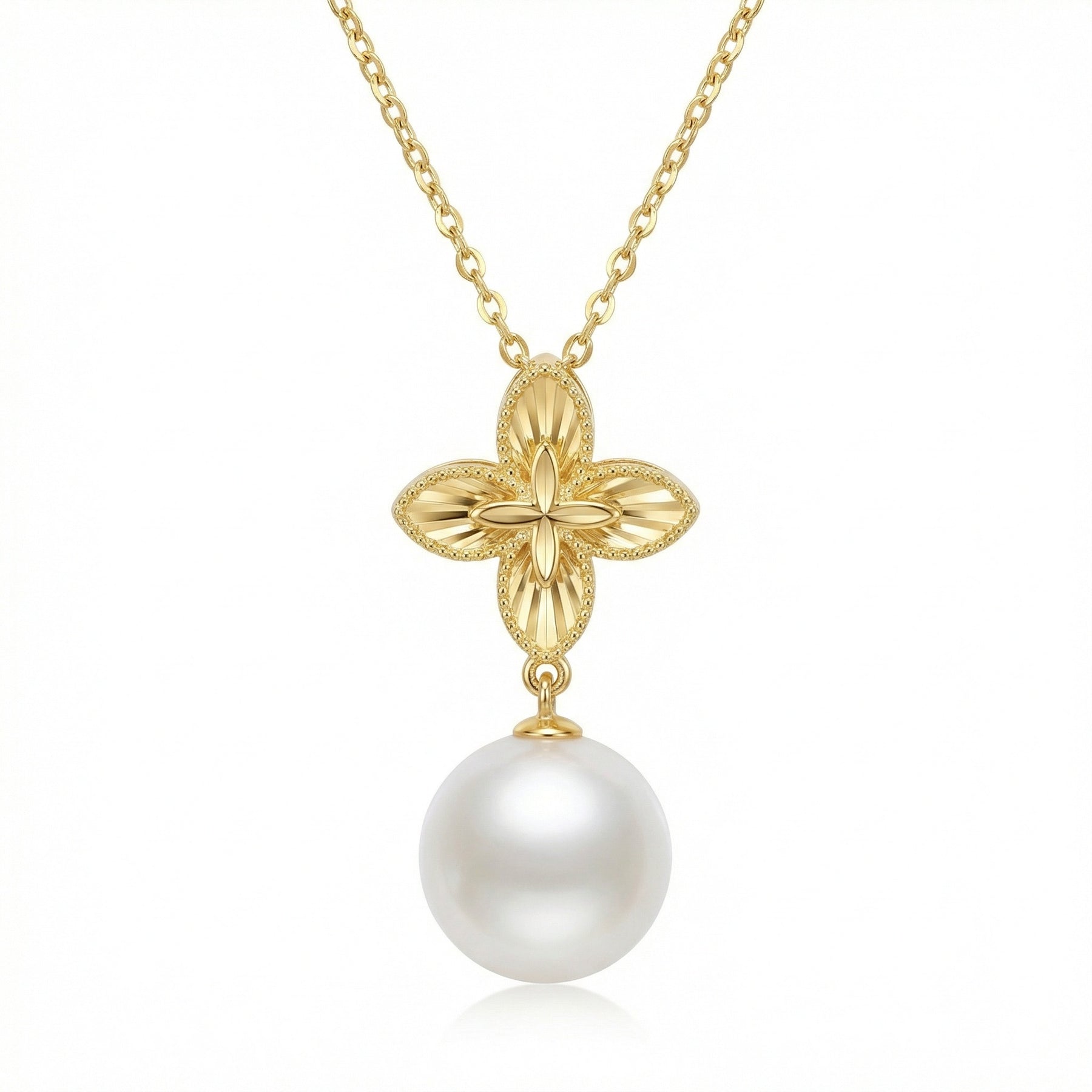 Floral Motif Pearl Drop Necklace – pearl necklace, front view