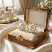 Pearl Studs, Baguette Quatrefoil Halo – pearl earrings, close-up