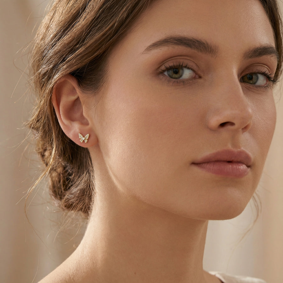 Butterfly Wing Studs with Heart Stones – sterling silver earrings, close-up