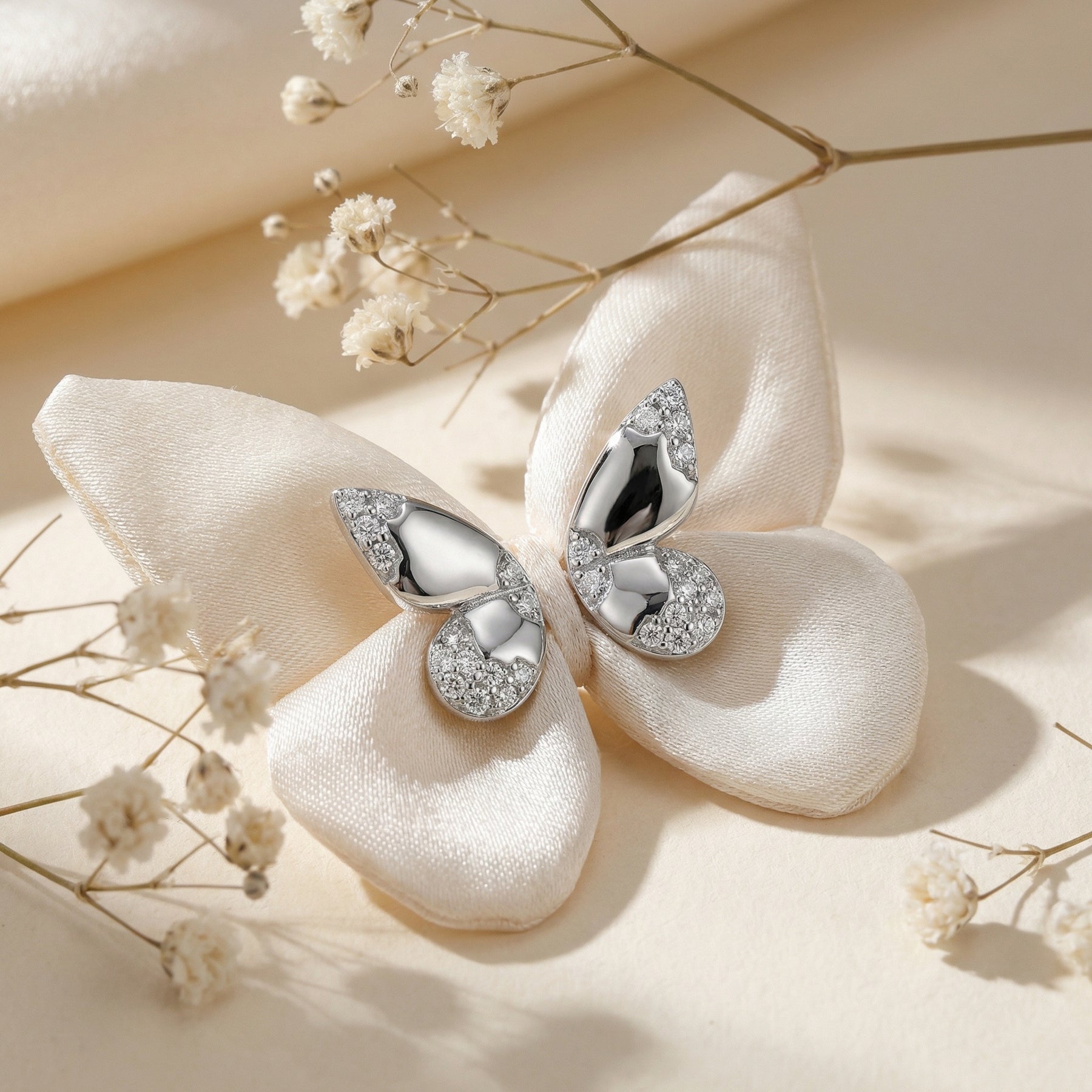 Butterfly Wing Studs, White Metal – sterling silver earrings, close-up