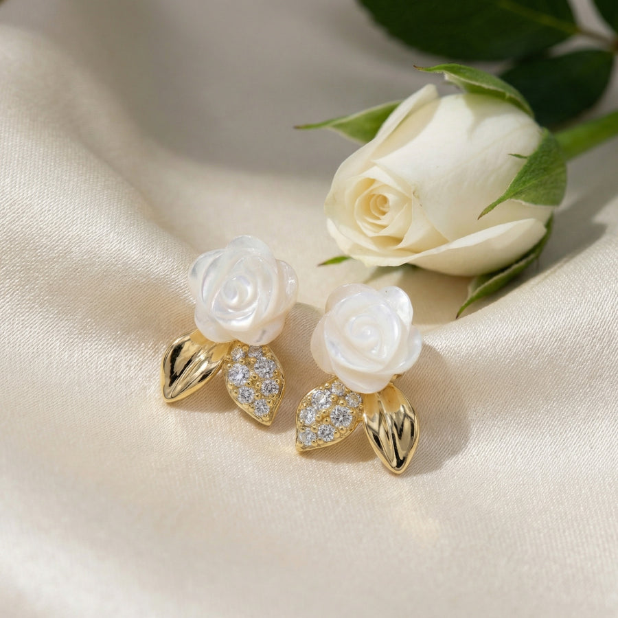 Mother-of-Pearl Rose and Leaf Studs – mother-of-pearl earrings, close-up