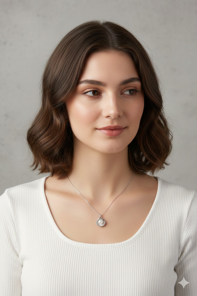 Stainless Steel Silver Oyster Necklace – stainless steel necklace, front view
