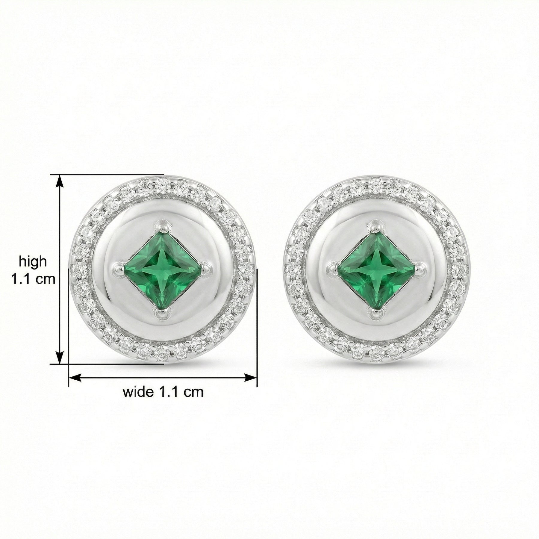 Round Green Gemstone Halo Studs – sterling silver earrings, side detail