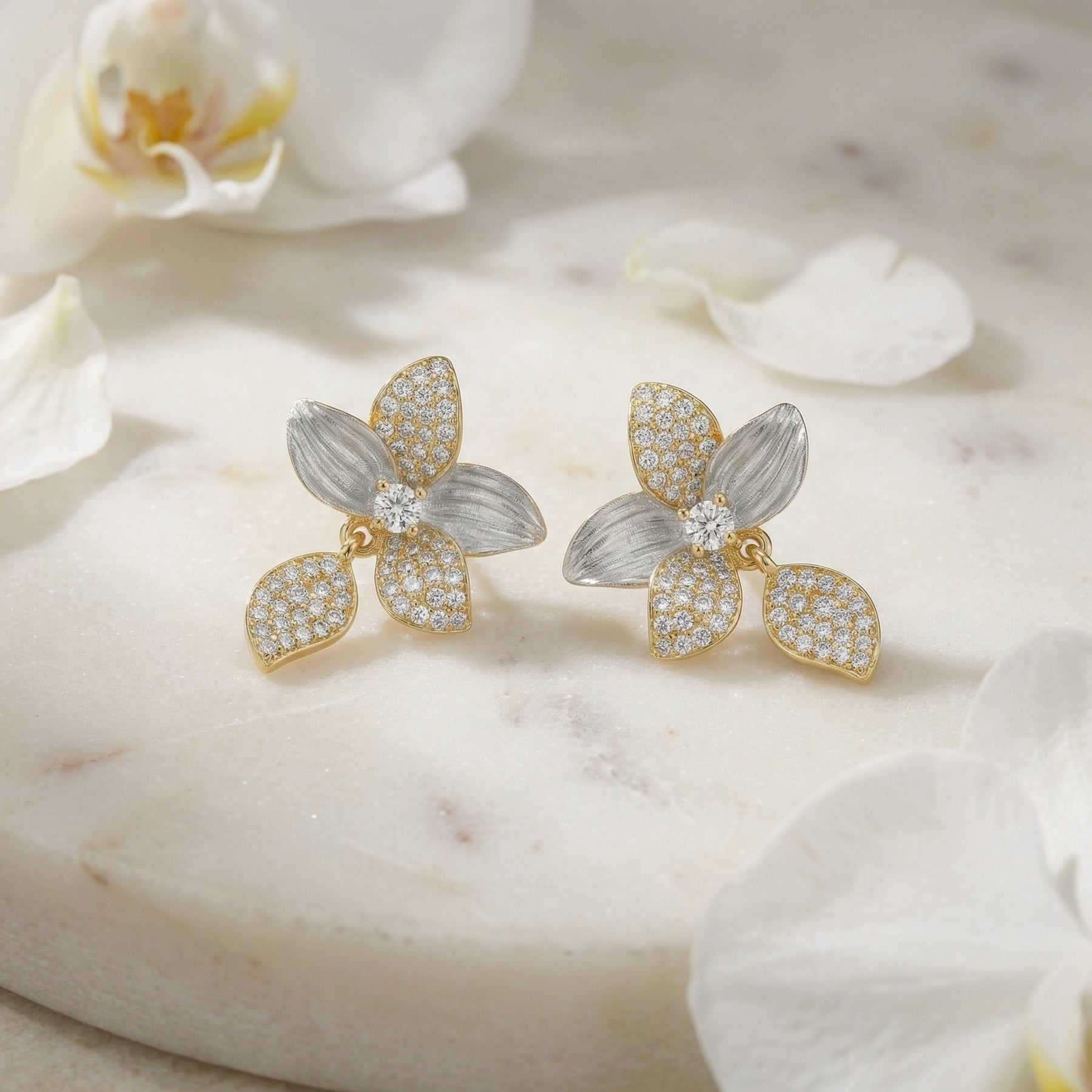 Two-Tone Floral Studs with Leaves – sterling silver earrings