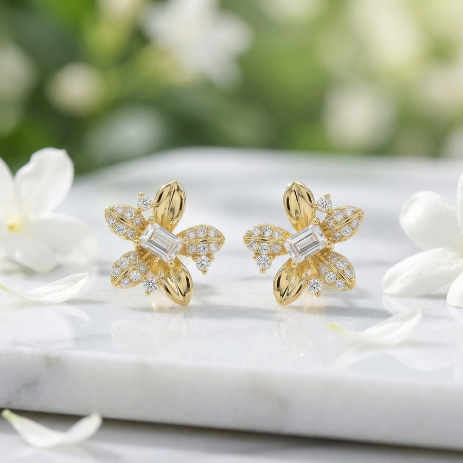 Lily-Inspired Rectangular-cut Stud Earrings – sterling silver earrings, front view