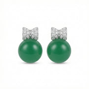 Green Sphere Ribbon Bow Earrings – sterling silver earrings, front view