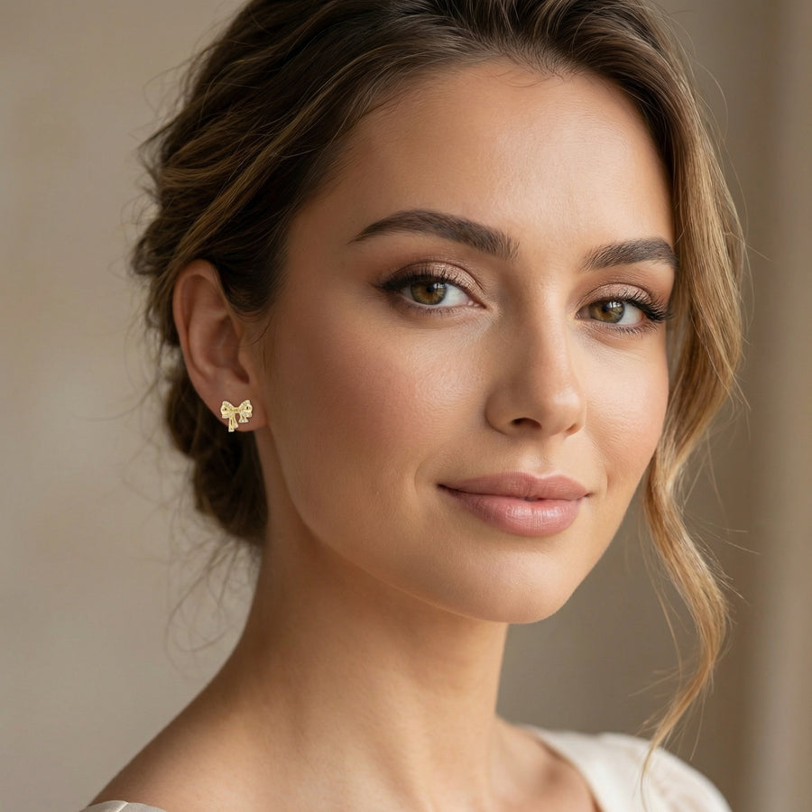 Ribbon Bow Stud Earrings, Clear Stones – sterling silver earrings, front view