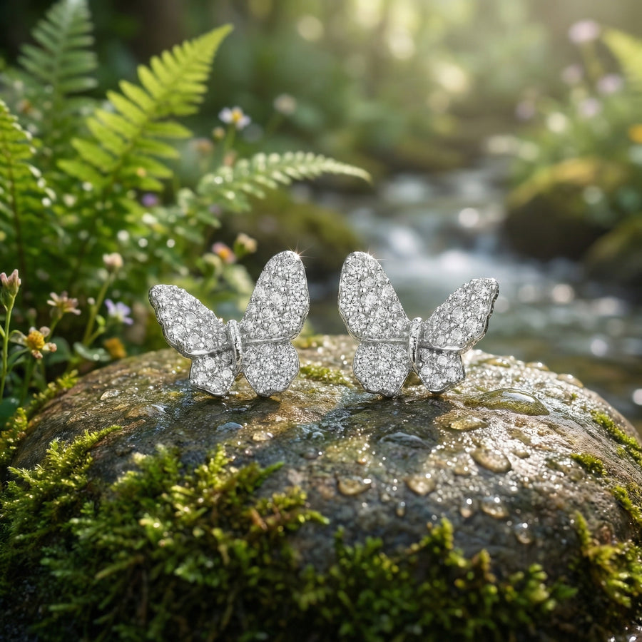 Pavé-Set Butterfly Stud Earrings – sterling silver earrings, close-up
