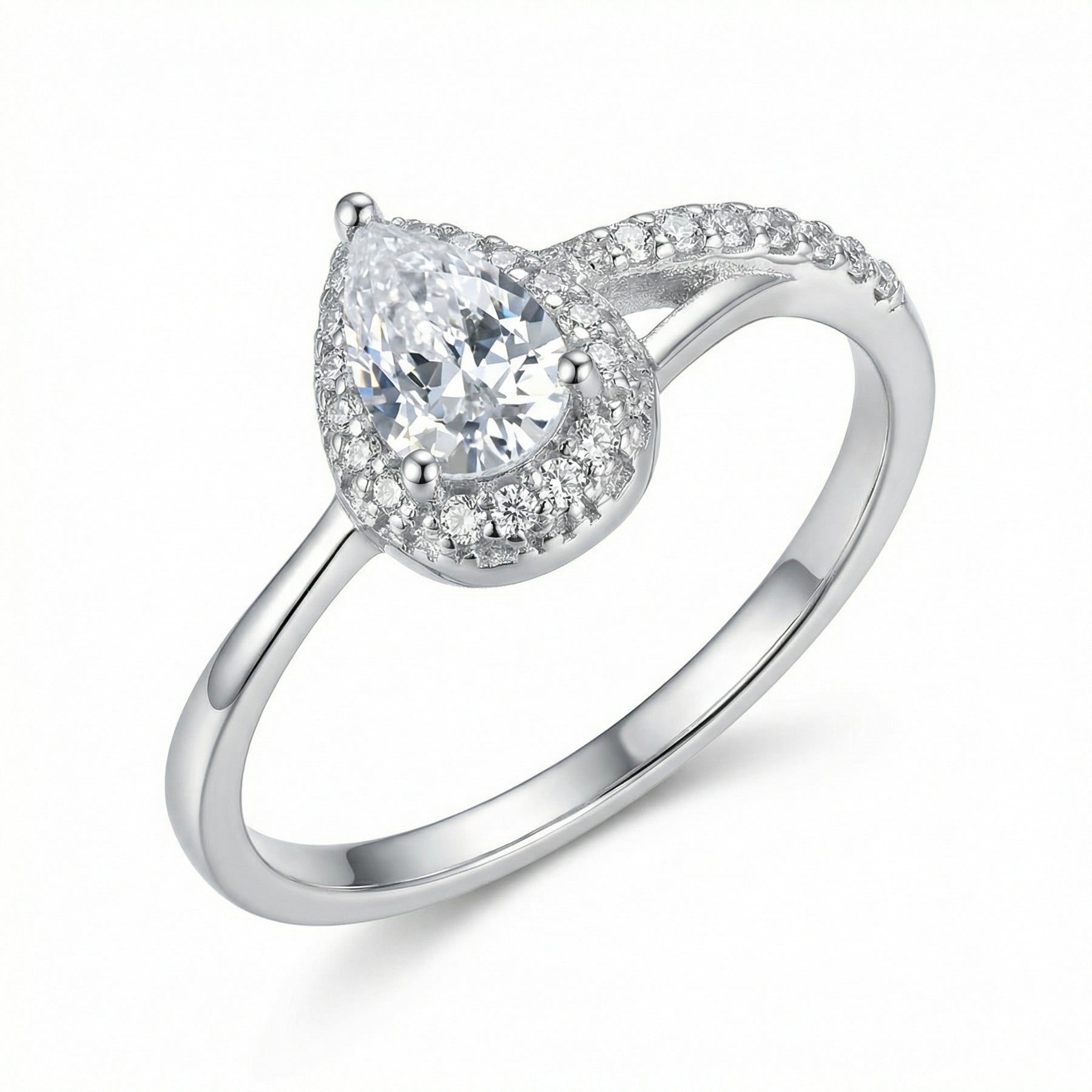 Pear-Shaped Halo Bypass Engagement Ring – sterling silver ring, front view