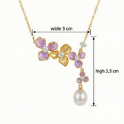 Purple Floral Enamel Pearl Necklace – pearl necklace, side detail