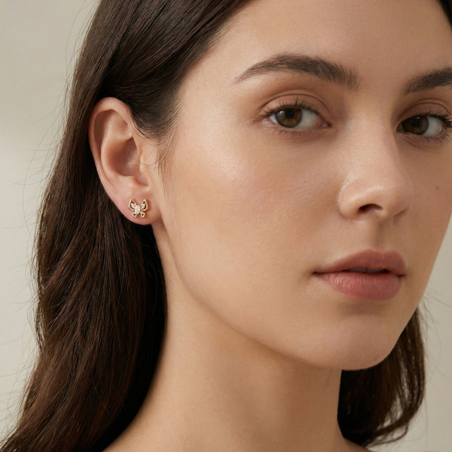 Butterfly Studs with Pear-Cut Centers – sterling silver earrings, side detail