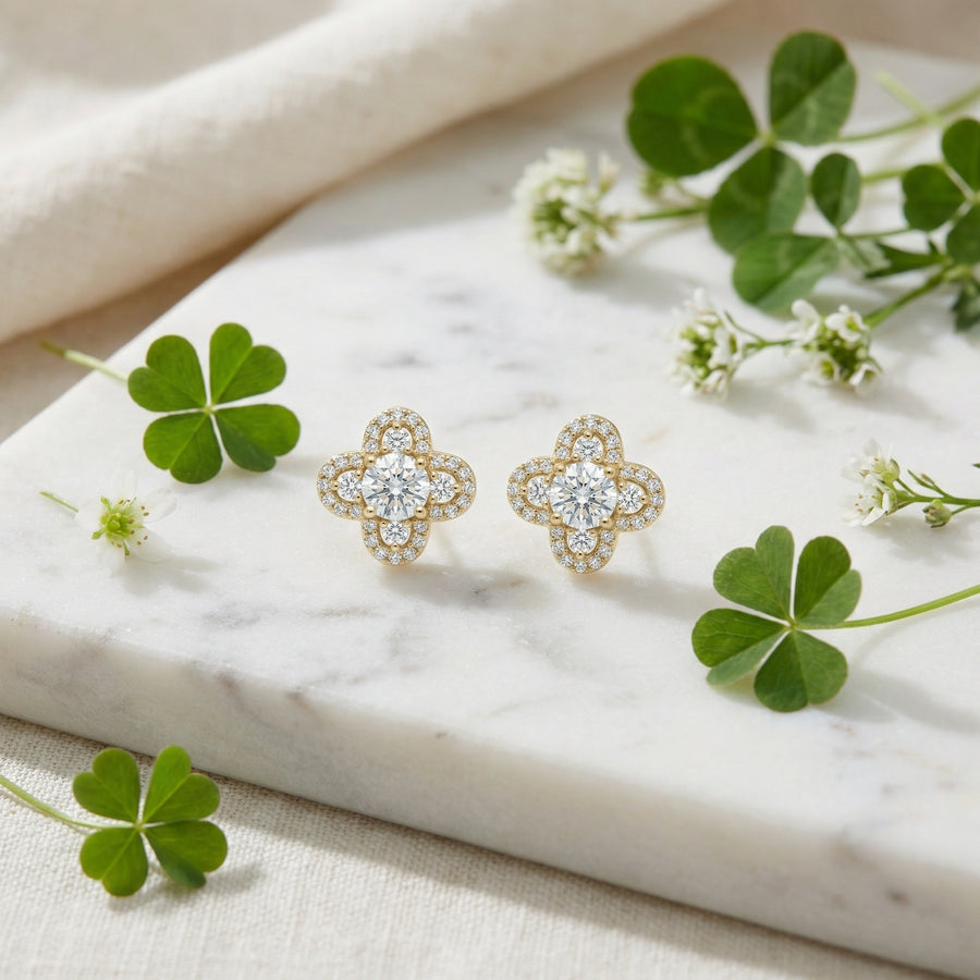 Quatrefoil Sparkling stone Halo Stud Earrings – sterling silver earrings, side detail