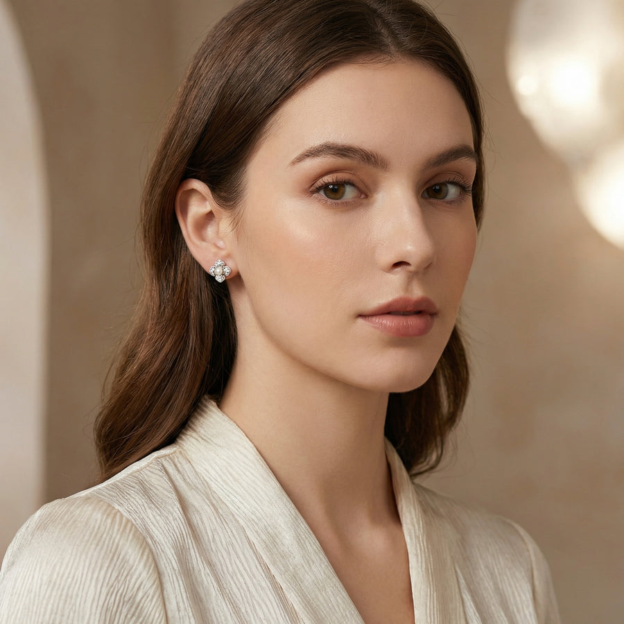 Floral Pearl Accent Stud Earrings – pearl earrings, close-up