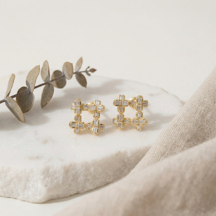 Hashtag Design Baguette Stud Earrings – sterling silver earrings, front view