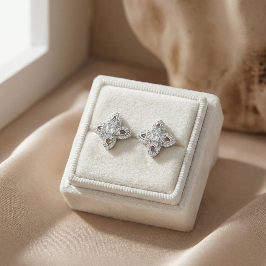 Filigree Clover Cross Stud Earrings – sterling silver earrings, side detail
