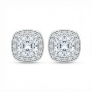 Cushion-Cut Halo Studs, White Finish – sterling silver earrings, close-up