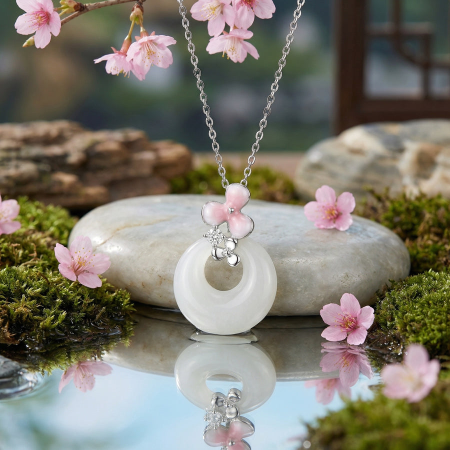 White Jade Donut Necklace with Pink Flower – jade necklace, front view