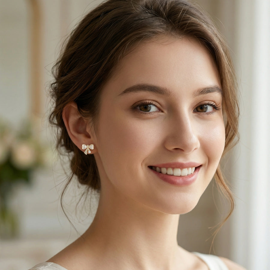 Bowknot Studs with Opal Hearts – opal earrings, front view