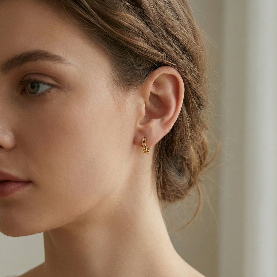 Chain-Link Huggie Hoop Earrings – sterling silver earrings, front view