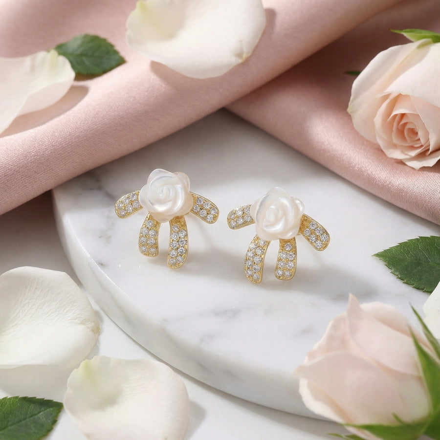 Mother-of-Pearl Rose Bow Studs – mother-of-pearl earrings, close-up