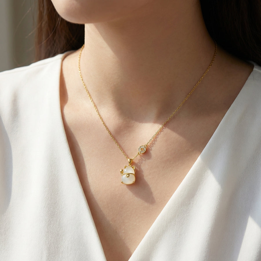 Maneki-Neko Lucky Cat Pendant Necklace – jade necklace, front view