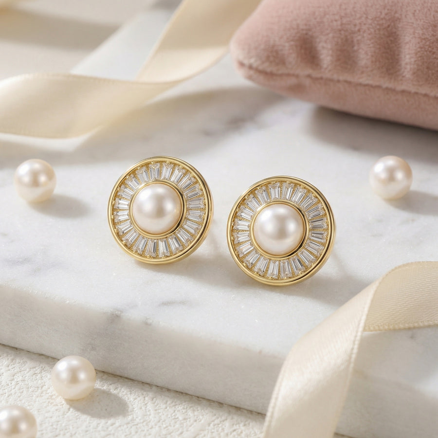 Pearl Sunburst Baguette Halo Studs – pearl earrings