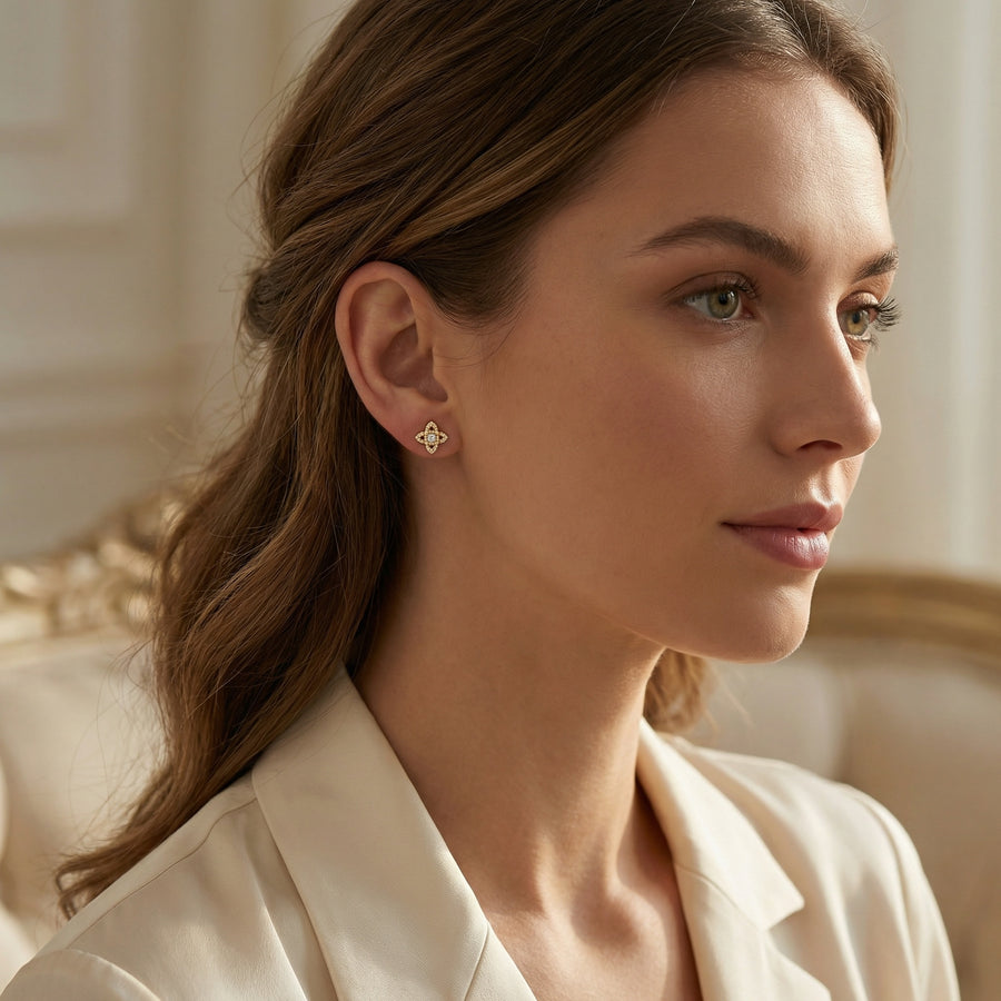 Quatrefoil CZ Princess-Cut Studs – zircon earrings, close-up