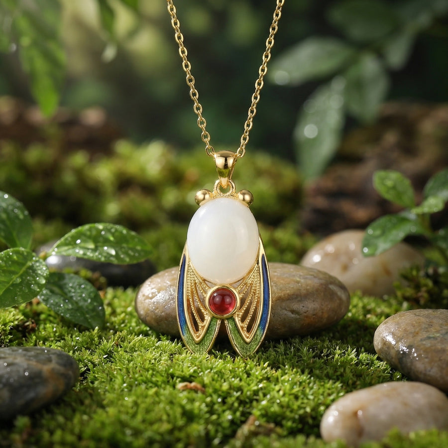 Enamel Cicada Pendant Necklace – sterling silver necklace, front view