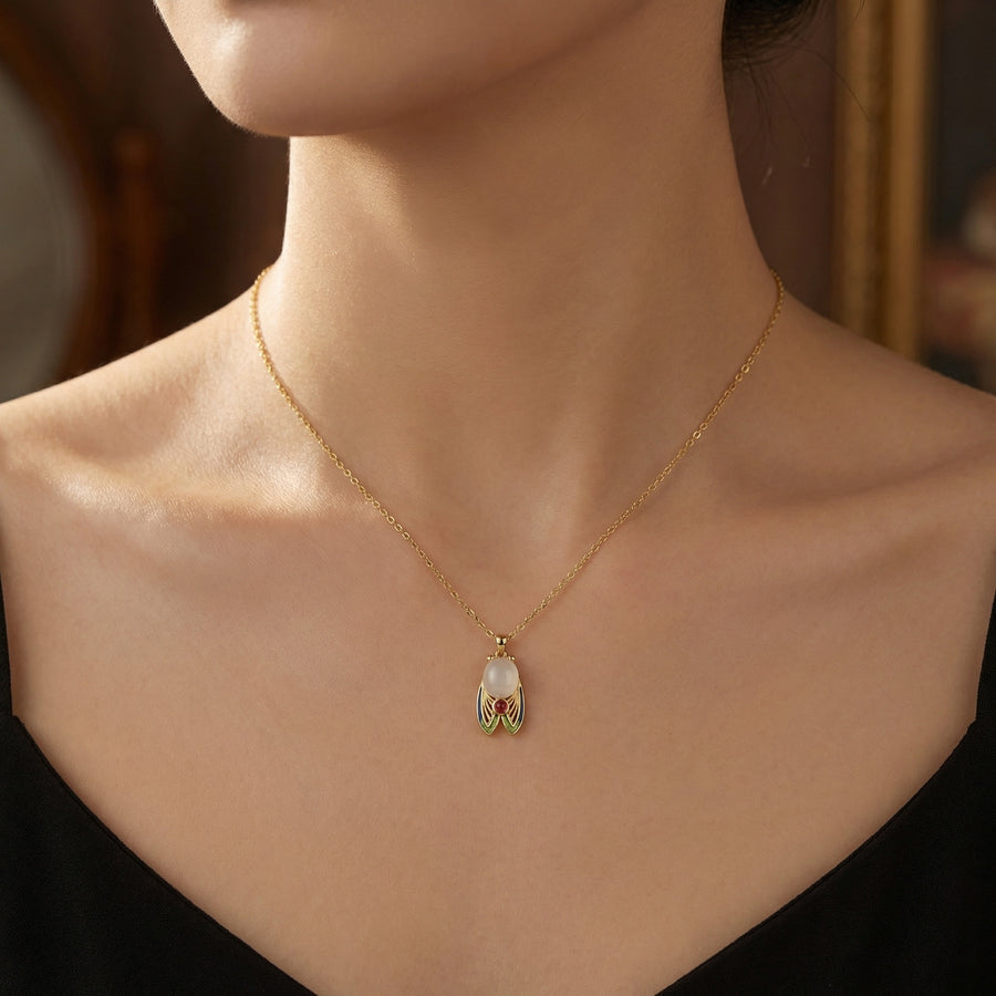 Enamel Cicada Pendant Necklace – sterling silver necklace, close-up