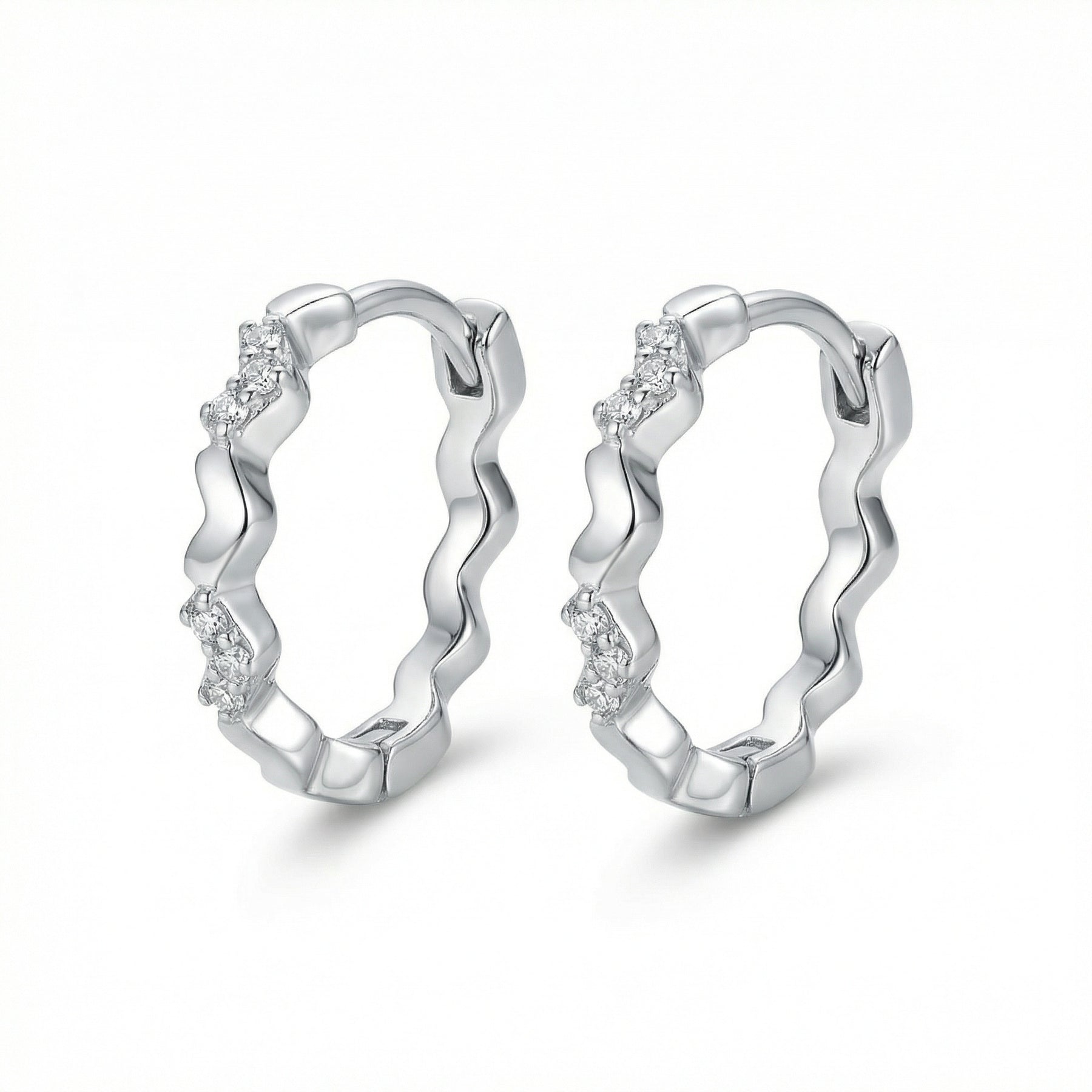 Wavy Scalloped Huggie Hoop Earrings – sterling silver earrings, front view