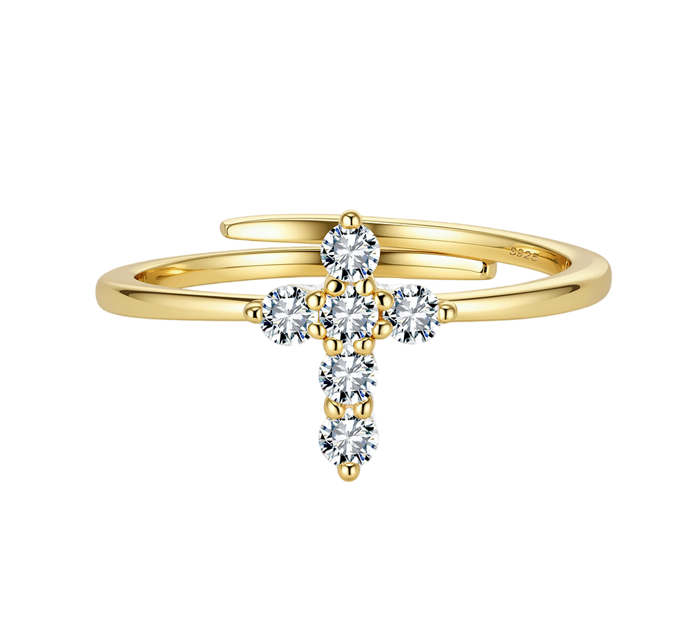 gold-plated Cross Ring with CZ Accents – zircon ring, front view