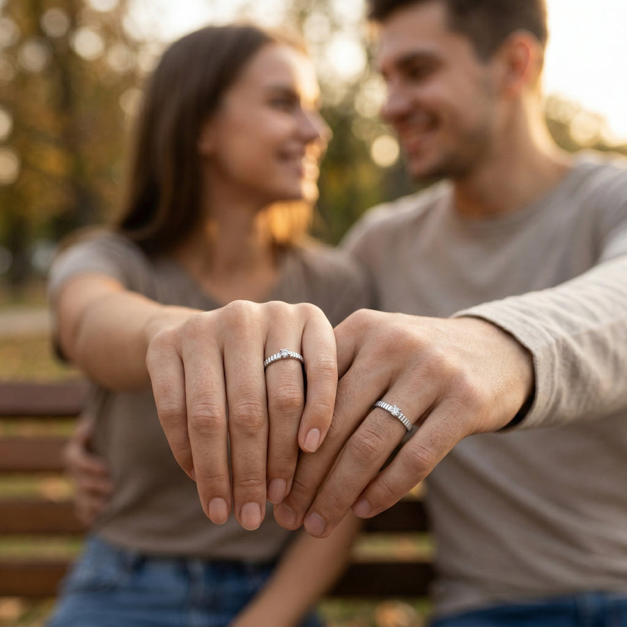 Textured Solitaire Couple Rings – sterling silver ring, front view