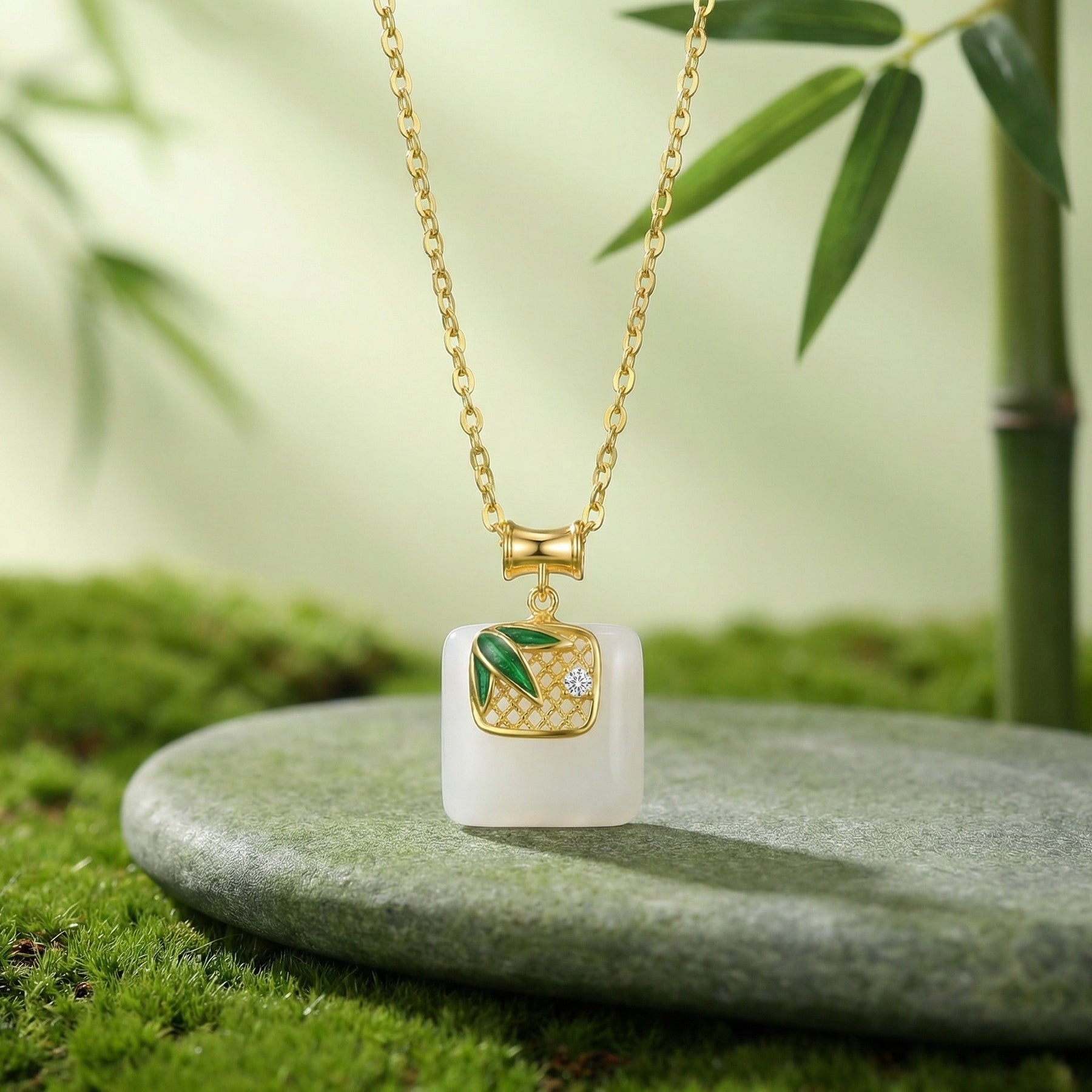 Square Jade Bamboo Leaf Necklace – jade necklace, side detail