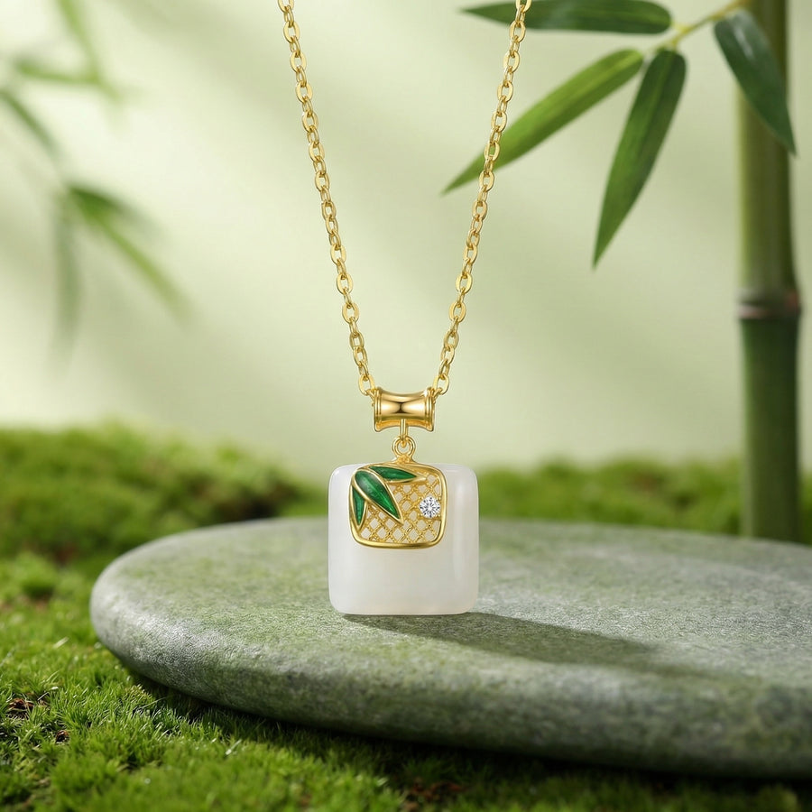 Square Jade Bamboo Leaf Necklace – jade necklace, side detail