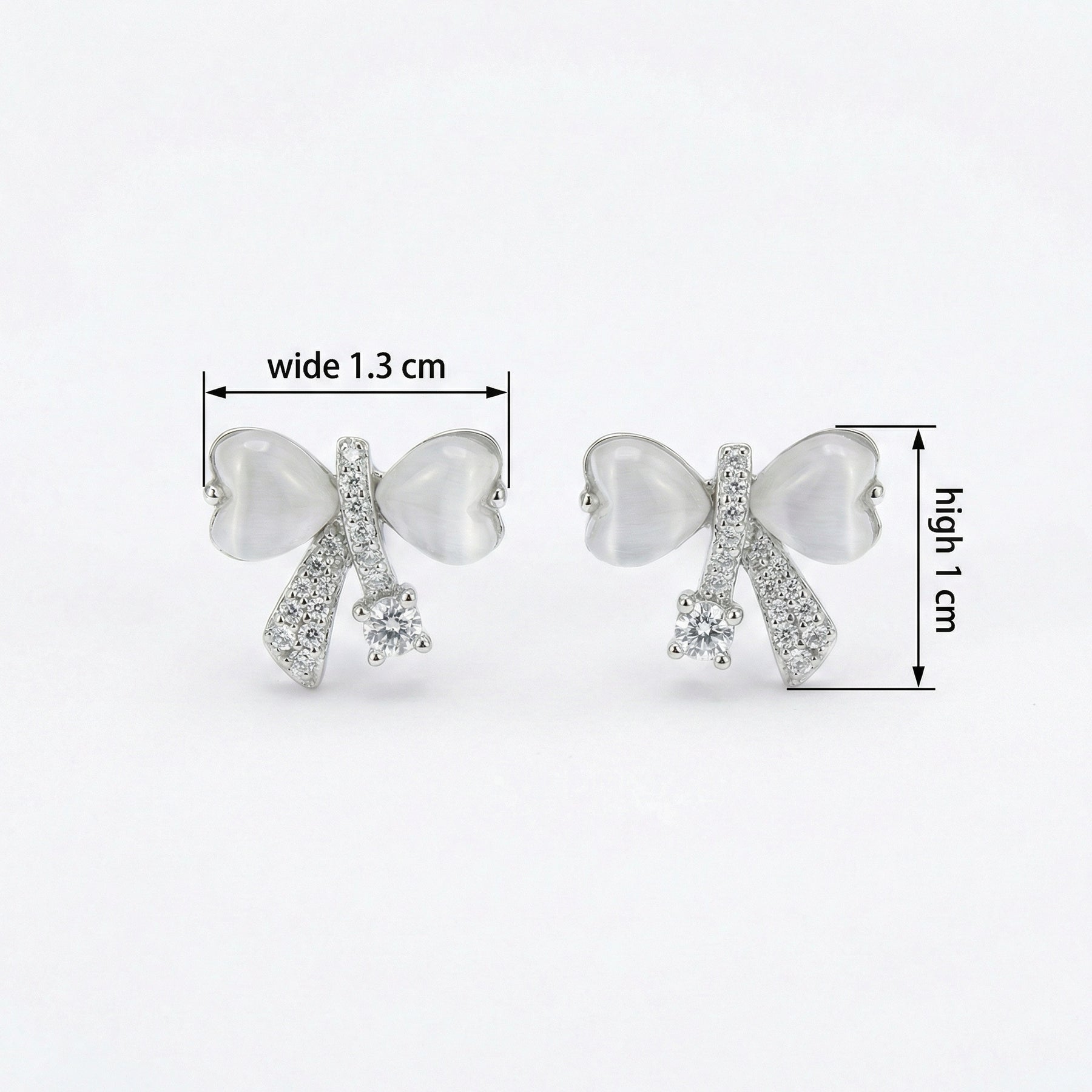 Cat's Eye Heart Bow Stud Earrings – sterling silver earrings, close-up