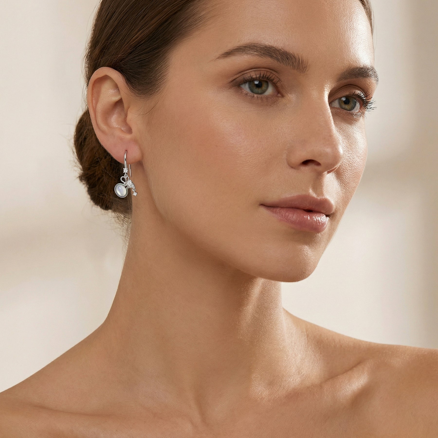 Bow Drop Earrings with Moonstone – sterling silver earrings, side detail