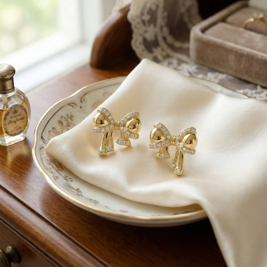 Ribbon Bow Stud Earrings, Clear Stones – sterling silver earrings, side detail