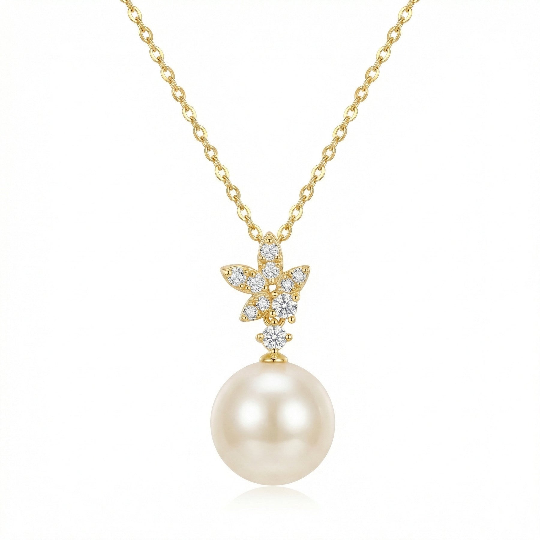 Floral Leaf Pearl Pendant Necklace – pearl necklace, close-up