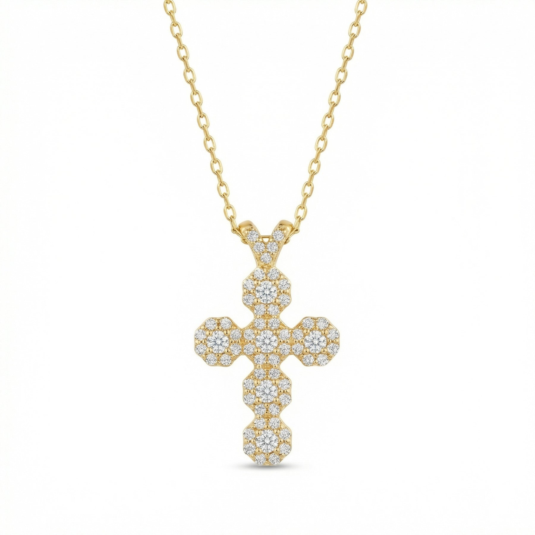 Sparkling stone Cluster Cross Pendant Necklace – sterling silver necklace, close-up