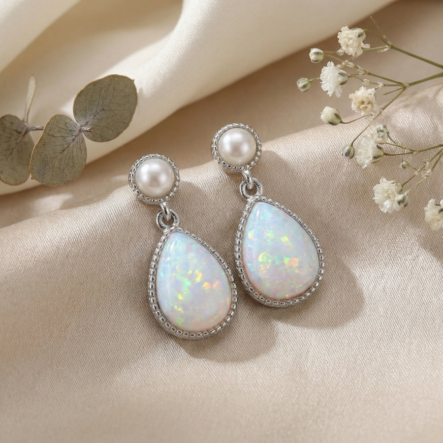Opal and Pearl Teardrop Drop Earrings – pearl earrings, side detail