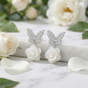 Butterfly and Rose Pearl Drop Earrings – pearl earrings, close-up