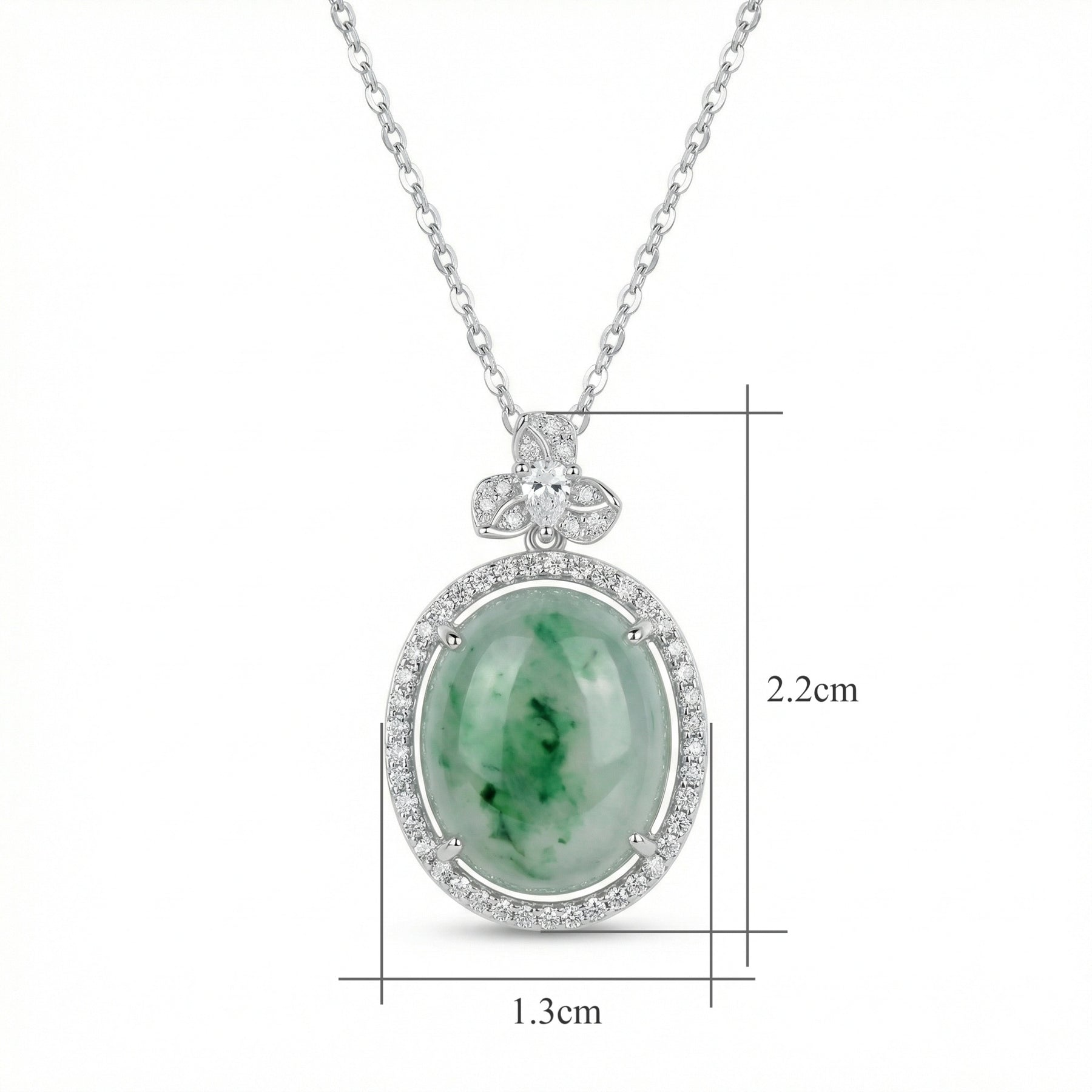 Oval Jadeite Pendant with Floral Bail – jade necklace, front view