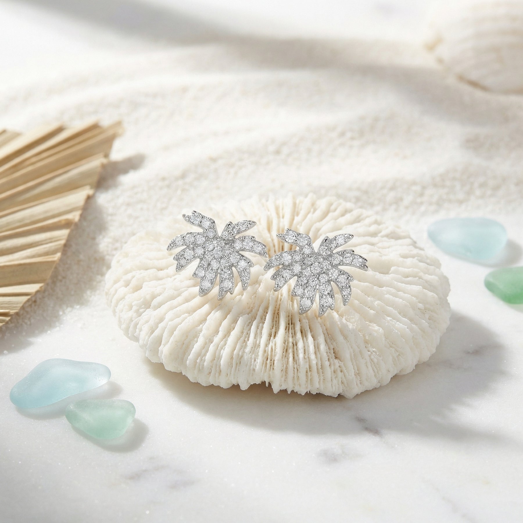 Shimmering Palm Tree Stud Earrings – sterling silver earrings, front view