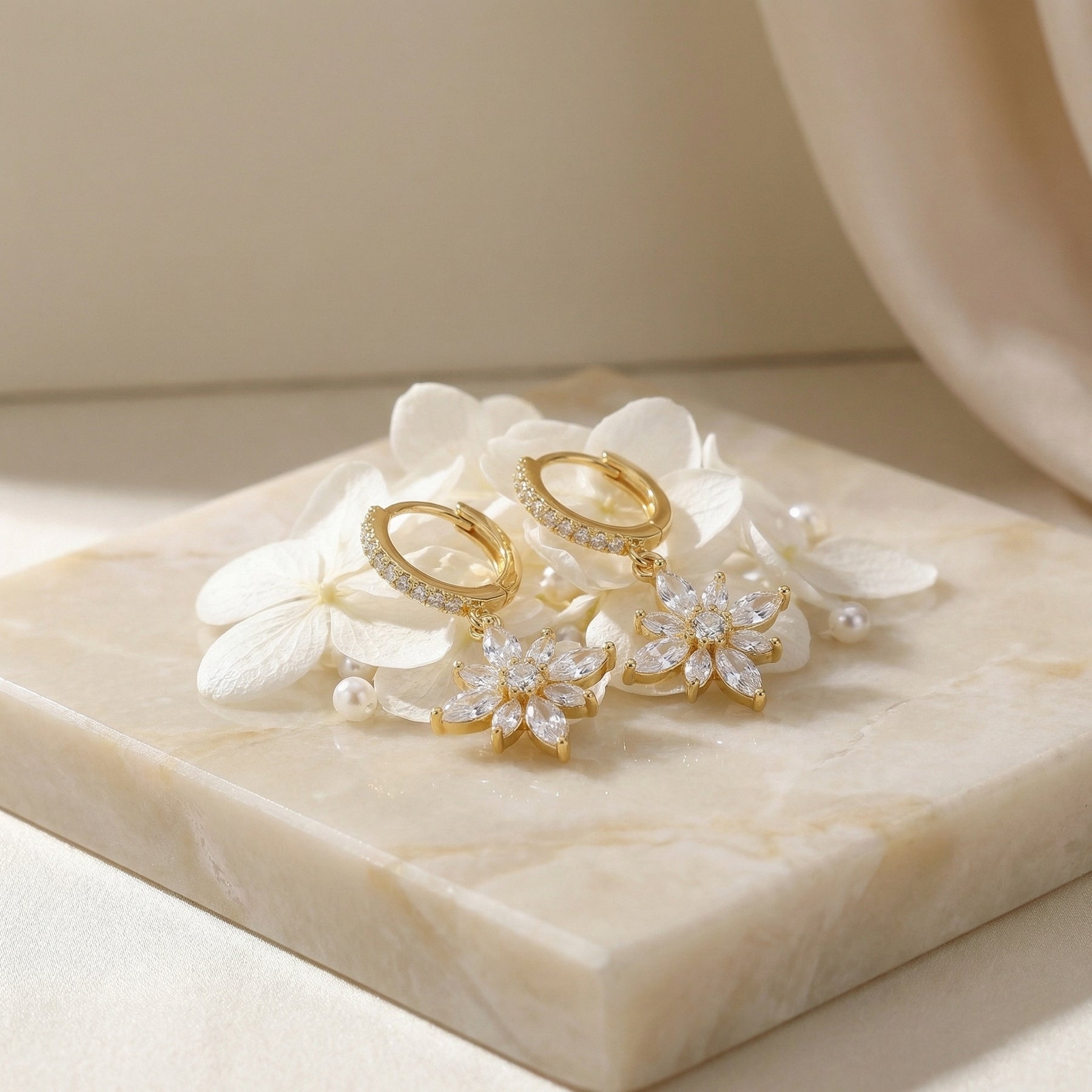 Floral Drop Huggie Hoop Earrings – sterling silver earrings, close-up