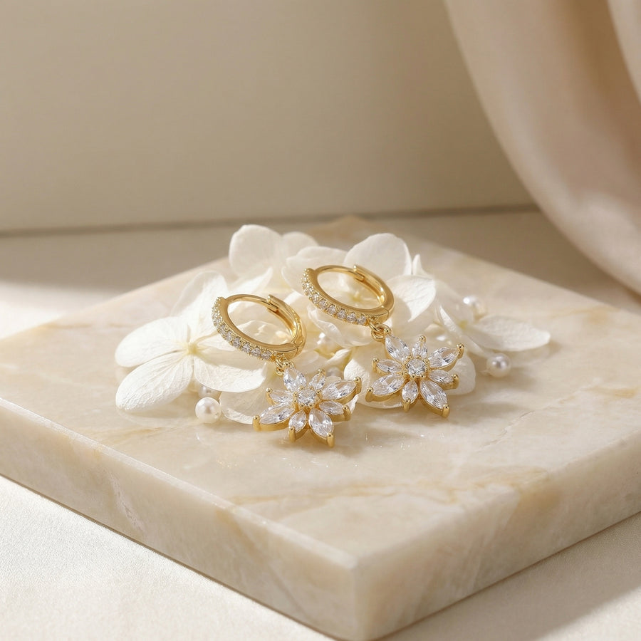 Floral Drop Huggie Hoop Earrings – sterling silver earrings, close-up