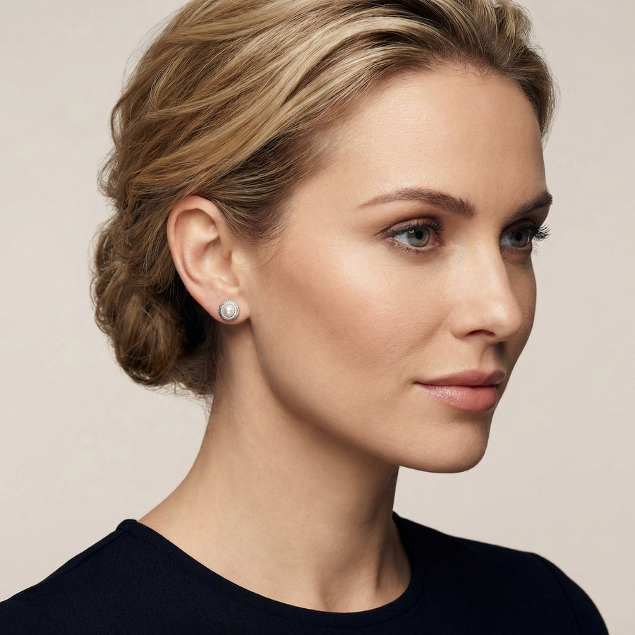 Pearl Halo Studs, Ribbed Silver Frame – pearl earrings, side detail