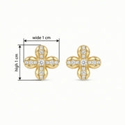 Four-Petal Floral Sparkling stone Studs – sterling silver earrings, close-up