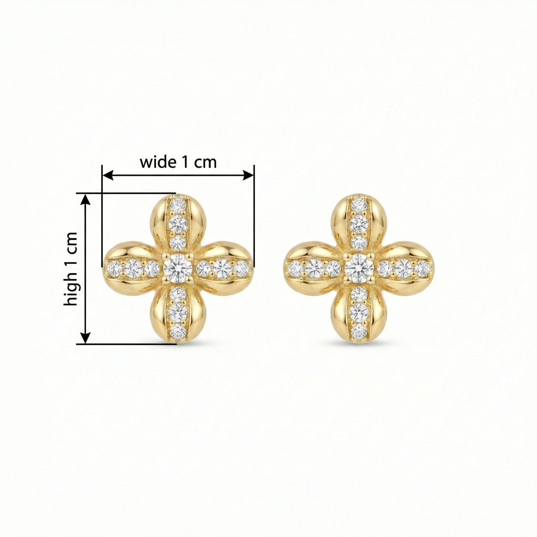 Four-Petal Floral Sparkling stone Studs – sterling silver earrings, close-up