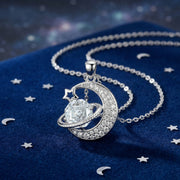 Crescent Moon and Planet Necklace – sterling silver necklace, close-up