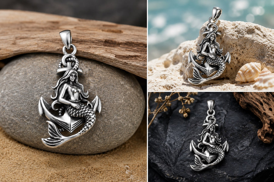 Mermaid Anchor Pendant Necklace – sterling silver necklace, side detail